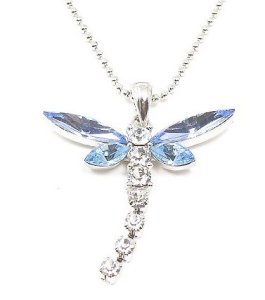 Beautiful-Large-Blue-and-Ice-Crystal-Dragonfly-Charm-Necklace-Silver-Tone-Tail-Moves